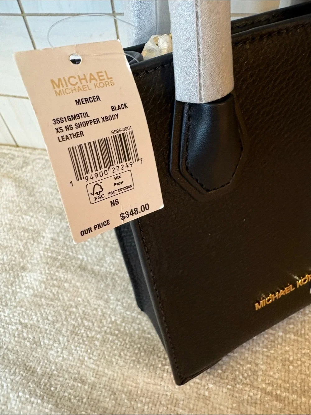 NWT Michael Kors Black Pebble Leather Mercer Extra Small Tote with Gold Logo